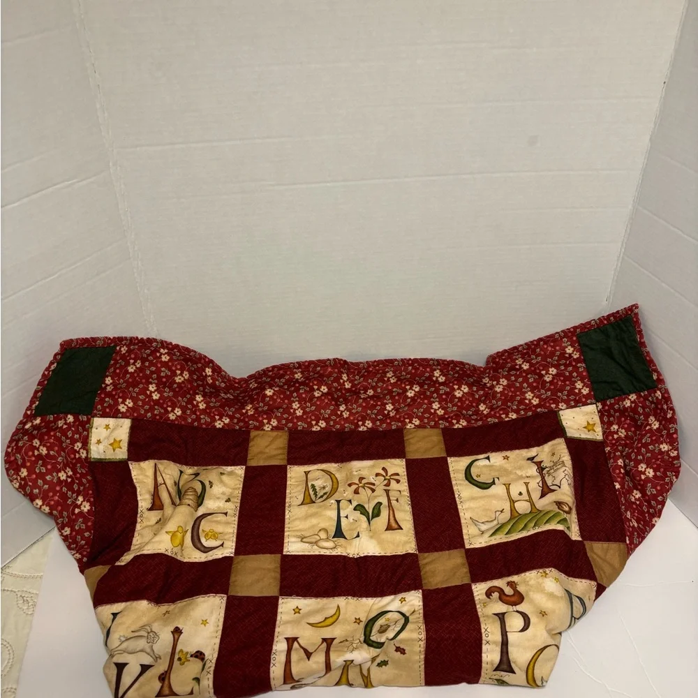 Alphabet Patchwork Quilt Handmade Stitched Floral Back Moody Cozy 34” X 33.5”